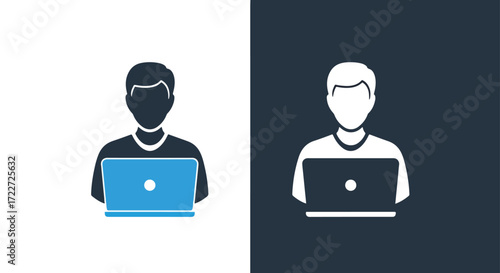 Person working on laptop icon two variants silhouette user computer technology simple graphic