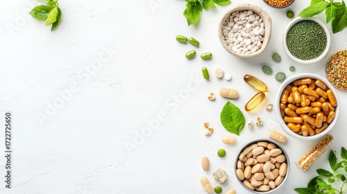 Variety of Natural Supplements and Herbs Arranged on White Background
