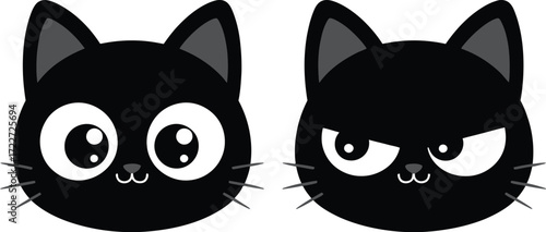 Two cute black cat faces showing different emotions, one surprised and one mischievous
