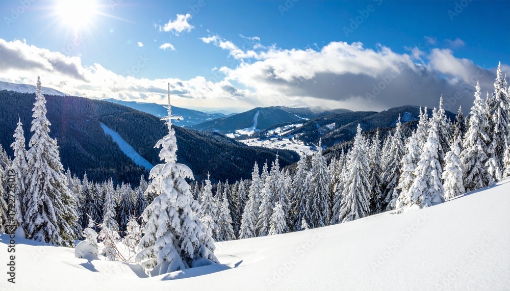 Fototapeta premium Snowy mountain vista with snow-covered trees