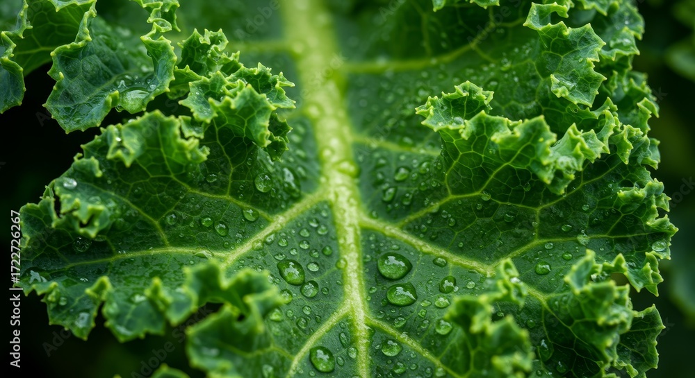 Obraz premium Close-up of Fresh Green Kale Leaf with Water Droplets Showing Texture