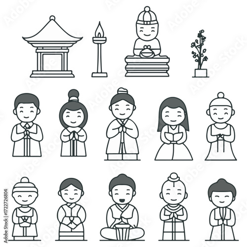 black and white style, new year greetings, vector, transparent background, people, worship, icons, icon, pattern, religion, asia, culture, buddhist, temple