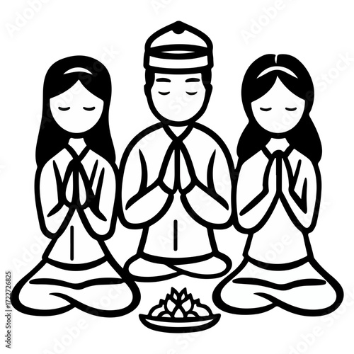 black and white style, new year greetings, vector, transparent background, people, worship, icons, icon, pattern, religion, asia, culture, buddhist, temple