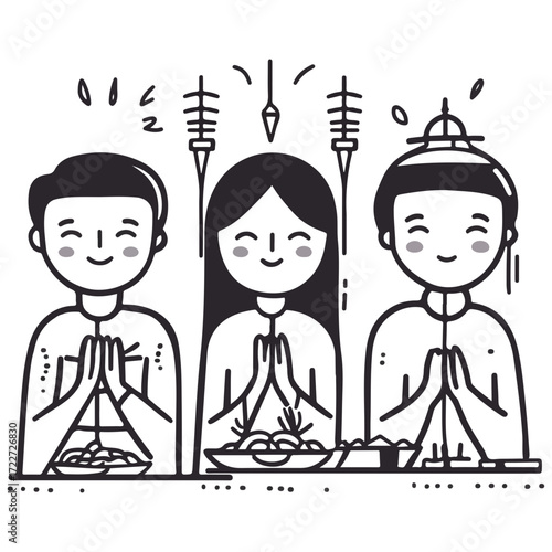 black and white style, new year greetings, vector, transparent background, people, worship, icons, icon, pattern, religion, asia, culture, buddhist, temple