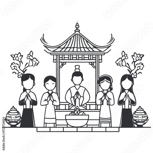 black and white style, new year greetings, vector, transparent background, people, worship, icons, icon, pattern, religion, asia, culture, buddhist, temple