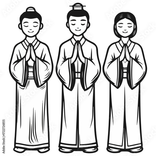black and white style, new year greetings, vector, transparent background, people, worship, icons, icon, pattern, religion, asia, culture, buddhist, temple