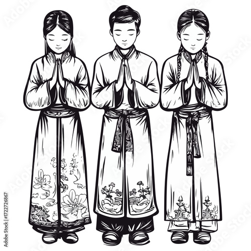 black and white style, new year greetings, vector, transparent background, people, worship, icons, icon, pattern, religion, asia, culture, buddhist, temple