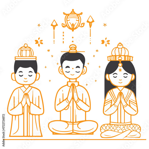 black and white style, new year greetings, vector, transparent background, people, worship, icons, icon, pattern, religion, asia, culture, buddhist, temple