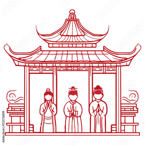 black and white style, new year greetings, vector, transparent background, people, worship, icons, icon, pattern, religion, asia, culture, buddhist, temple