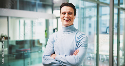 Tableau sur toile Smile, arms crossed and portrait of business man in office as creative director, pride and museum consultant