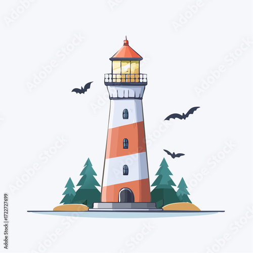Lighthouse standing tall with a guiding light, surrounded by trees and flying bats under a clear sky, vector illustration