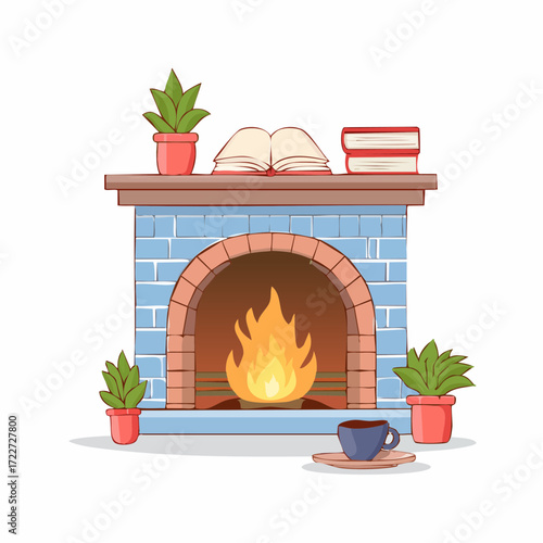 Cozy fireplace with burning logs, an open book, and a warm cup of tea on a side table, illustration for a comfortable home setting