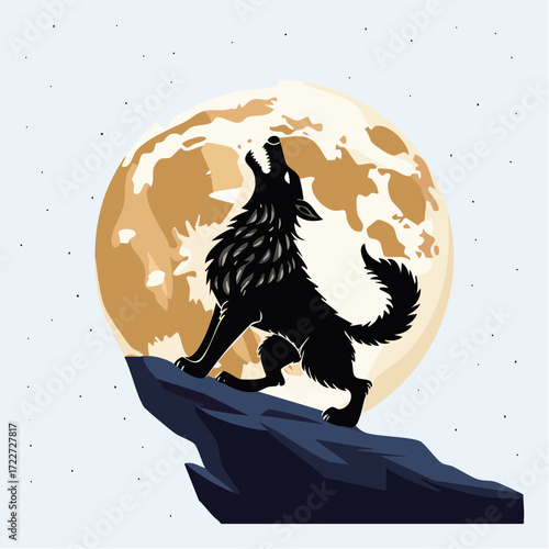 Majestic black wolf silhouette stands on a rocky outcrop, howling at the luminous full moon under a starlit night sky, embodying the primal call of the wild and nocturnal mystery