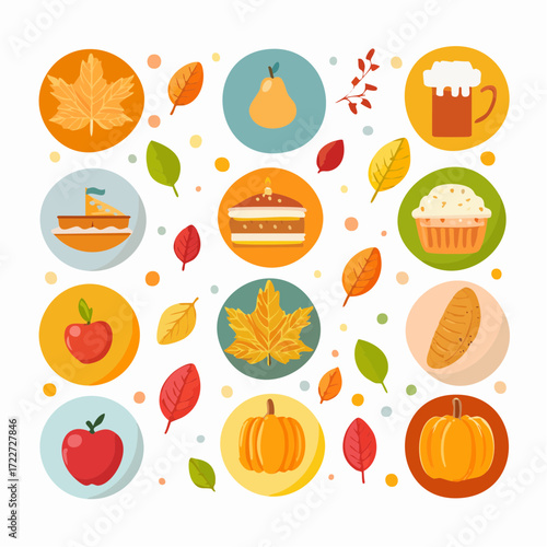 Autumn Harvest Celebration Icons Featuring Pumpkins, Apples, Pies, and Mugs of Beer