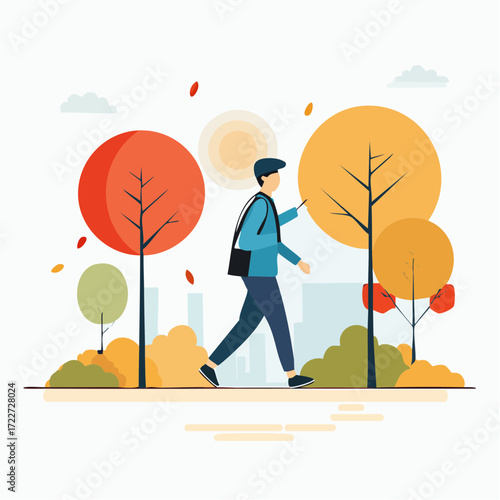 A stylish man walks through a vibrant fall cityscape, capturing the essence of the autumn season and modern daily life