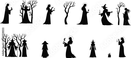 Black witch silhouettes, fantasy illustration, magical beings, barren trees, mystical characters, Halloween artwork, gothic design, enchanted figures, spooky art, dark fantasy