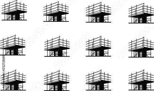 Black and white scaffolding illustration, construction framework, modular architecture design, building under construction, engineering structure, urban planning element, industrial grid pattern