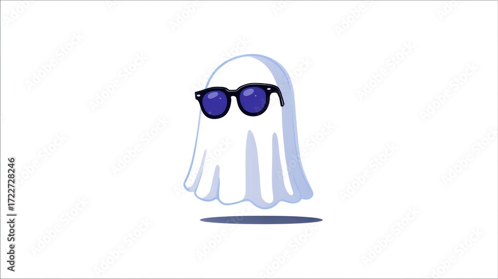 Obraz premium Cartoon ghost wearing sunglasses, floating on a white background, with blue shadow