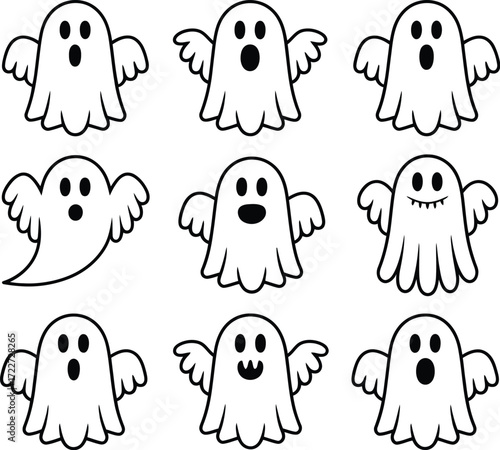 Collection of cute and varied cartoon ghosts with different expressions