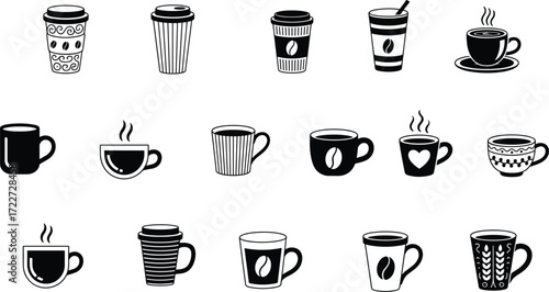 Coffee cup icons, steaming mugs, to‑go cups, hot beverage silhouettes, tea cups, espresso mugs, café culture, drinkware design, stylish coffee, morning drink