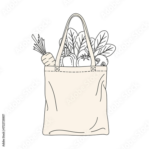 Hand-drawn line art illustration featuring a reusable canvas tote bag overflowing with a variety of fresh, organic vegetables, representing sustainable grocery shopping and healthy eating habits