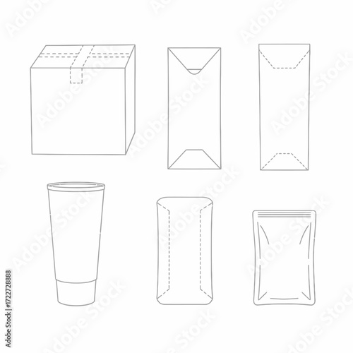 Collection of simple line art illustrations depicting various packaging types including boxes, envelopes, and tubes