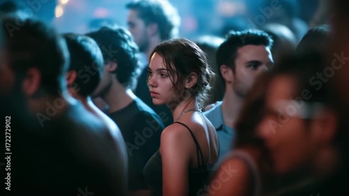 Wallpaper Mural Young Woman Looking Back in a Blue-Lit Nightclub Crowd Torontodigital.ca