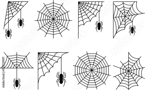 Playful collection of eight stylized spider webs with dangling spiders, perfect for Halloween themes.