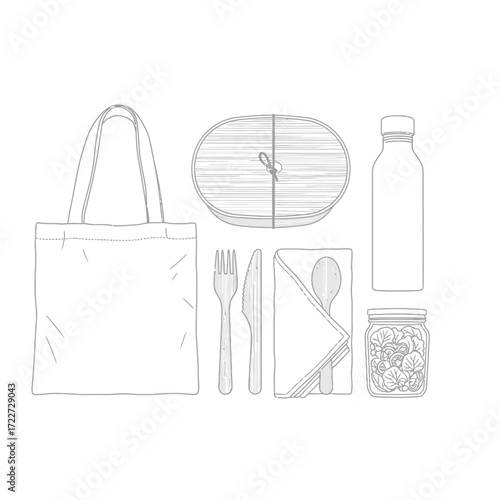Eco-friendly reusable shopping bag with meal kit and water bottle for sustainable living and healthy eating on the go