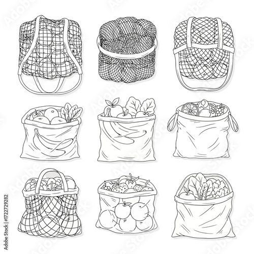 Hand-drawn vector collection of reusable grocery bags, filled with fresh fruits and vegetables, promoting sustainable and eco-friendly shopping for a healthy lifestyle