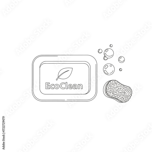 Outline illustration of an eco-friendly soap bar with a leaf symbol, cleaning sponge, and bubbles, symbolizing natural cleanliness and sustainable hygiene
