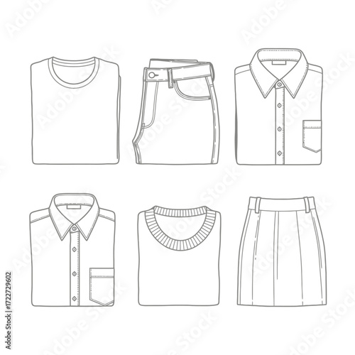 Clean line art set of neatly folded essential clothing. Features t-shirt, shirts, pants, sweater, and skirt, perfect for modern fashion and apparel design