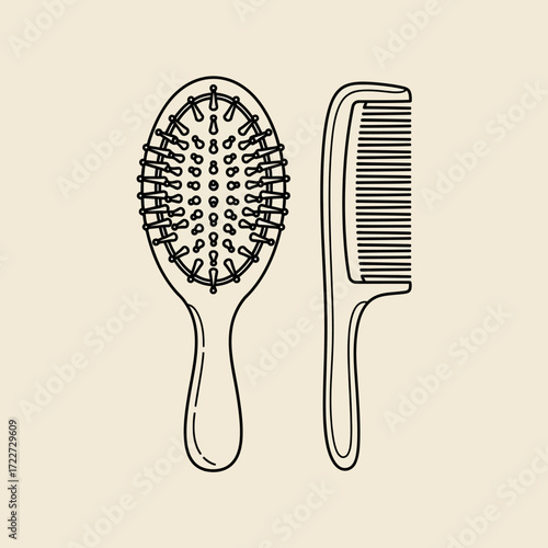 Haircare Essentials Elegant Line Art Illustration of a Brush and Comb for Beauty and Grooming