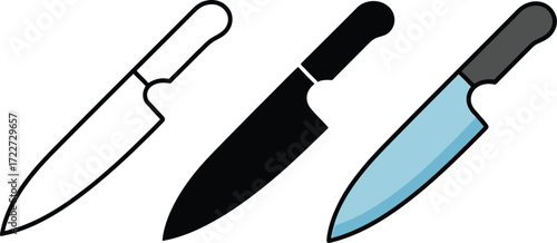 Three distinct kitchen knives depicted in outline, solid black, and colored styles