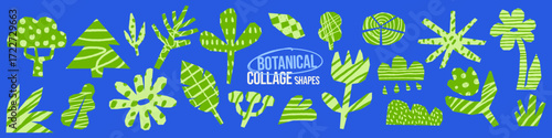 Botanical paper collage cutout set with crayon patterns and scribble pencil textures. Playful scrapbook with torn edges. Green kids doodle eco plants.