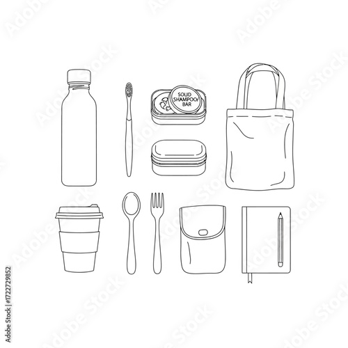 Minimalist line art collection featuring essential eco-friendly products for a sustainable lifestyle, promoting zero waste and conscious consumption habits in daily routines