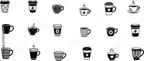 Coffee cup silhouettes, steaming mugs, hot beverage icons, tea cups, espresso designs, latte art, café culture, drinkware collection, stylish mugs, morning coffee