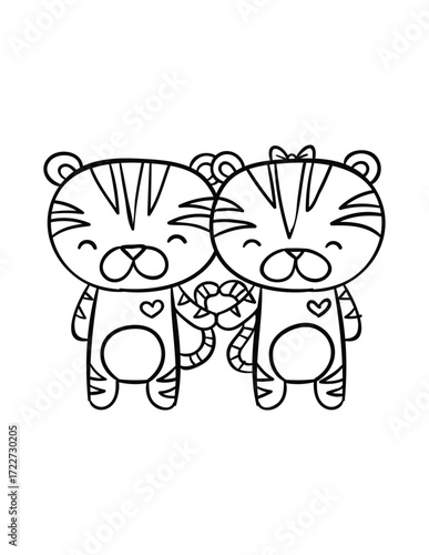 Joyful Tigers in Love: Two adorable cartoon tigers, radiating affection, holding hands and hearts, and epitomizing love in a simple, enchanting illustration. 