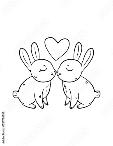 Kissing Bunnies: Two adorable bunnies share a sweet kiss, their eyes closed in a moment of pure affection. A heart hovers above them, symbolizing their love.