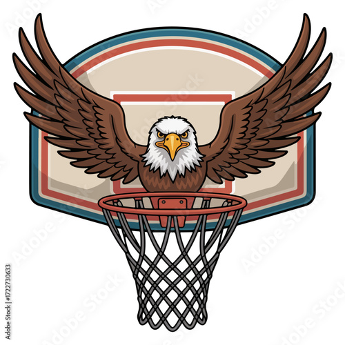An eagle perched on a basketball hoop with spread wings. The eagle looks fierce and focused, ready for the game. This image combines athleticism and majesty