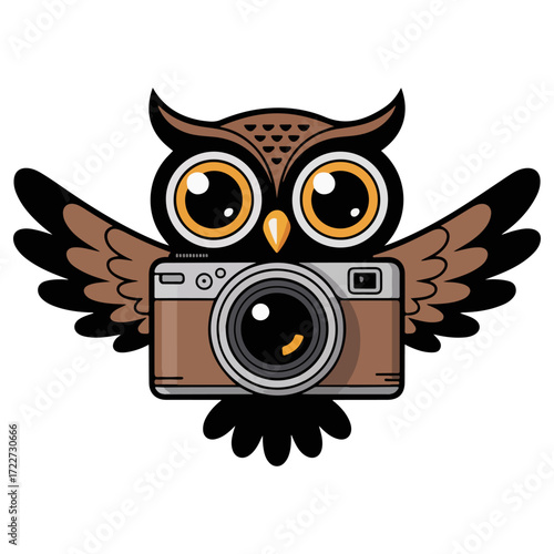 An owl perched with a camera, ready to capture the perfect shot. The owl's eyes exude curiosity as it prepares to photograph the world