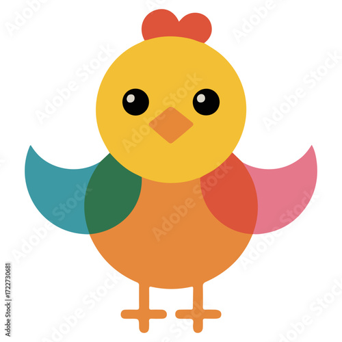 A charming cartoon of a colorful bird, wings open and ready to take flight. The bird has large, round eyes and an inviting expression
