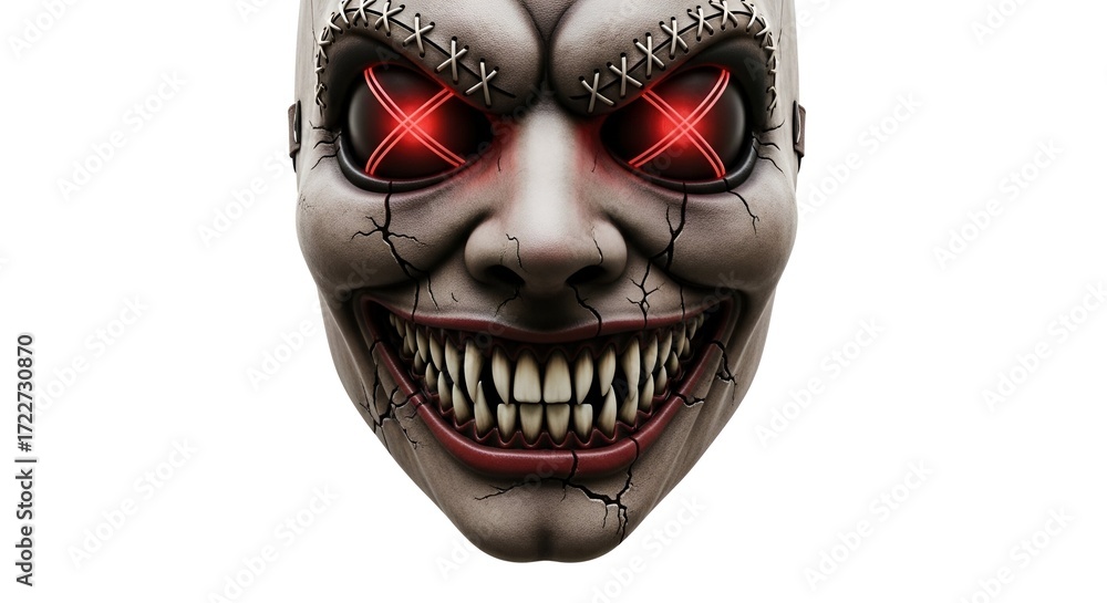 Naklejka premium Disturbing stitched face mask with piercing red X-eyes and a terrifying, toothy grin, perfect for evoking a sense of dread and horror in various creative projects