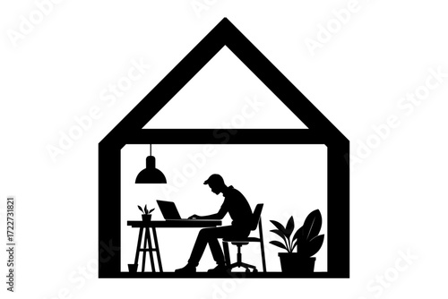 Person working on laptop at desk inside house