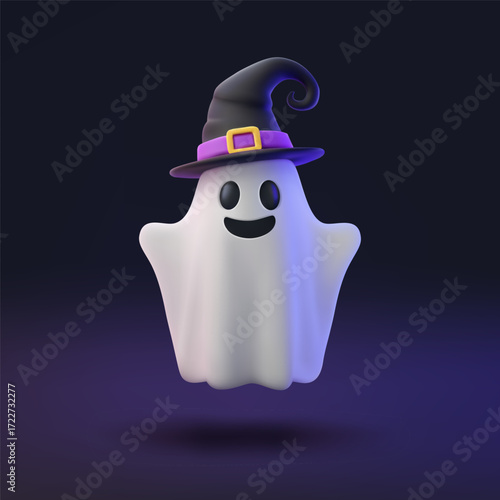 3D style ghost wearing a hat on a dark background. For Halloween design, greeting cards, party invitations or spooky decorations.