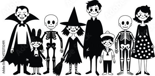 Happy diverse group of children dressed in fun Halloween costumes celebrating together