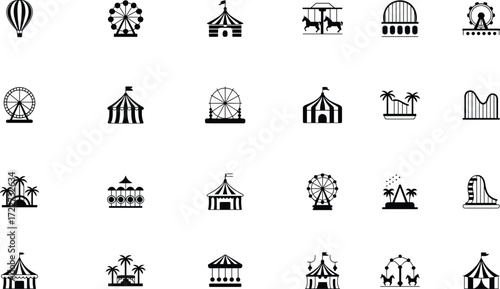 Amusement park icons, carnival ride symbols, circus tent graphics, Ferris wheel illustrations, black and white theme, fun fair elements, vector set