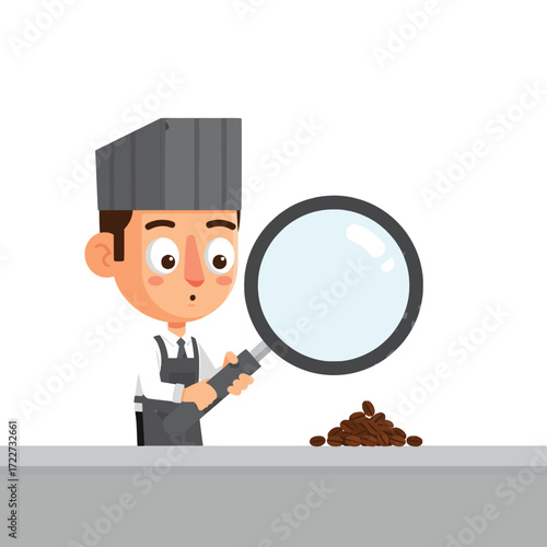 A curious cartoon barista carefully inspects a pile of roasted coffee beans with a large magnifying glass, a concept of quality control