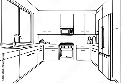 Kitchen with a sink, microwave, oven, and refrigerator. The kitchen is very clean and organized