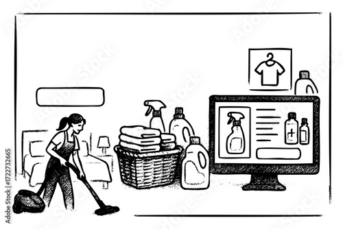 Woman is cleaning a room with a computer monitor in the background. The monitor is displaying a website for a clothing store